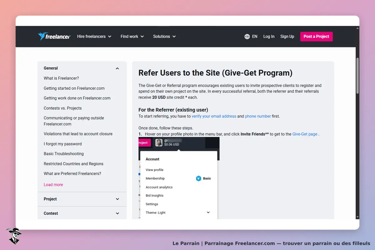 Freelancer.com : page d'accueil avec le programme de parrainage et le menu d'options utilisateur