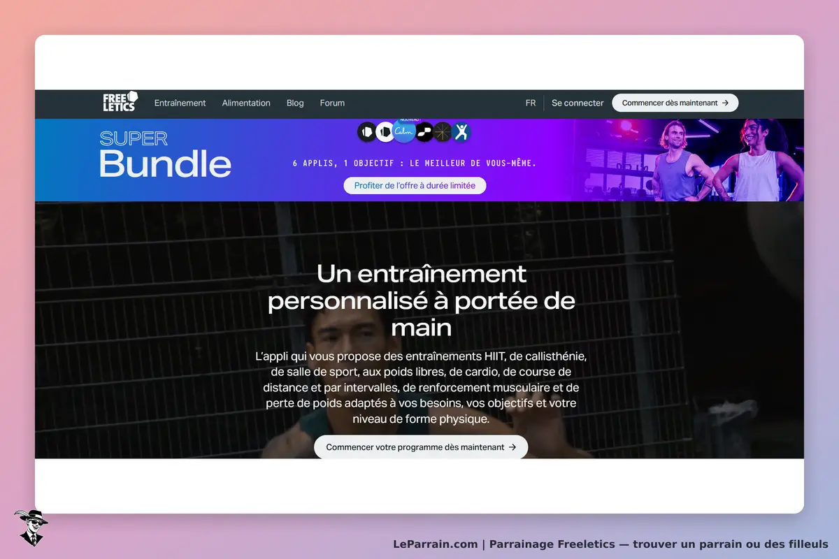 Freeletics : page d'accueil présentant le programme Super Bundle et un entraînement personnalisé