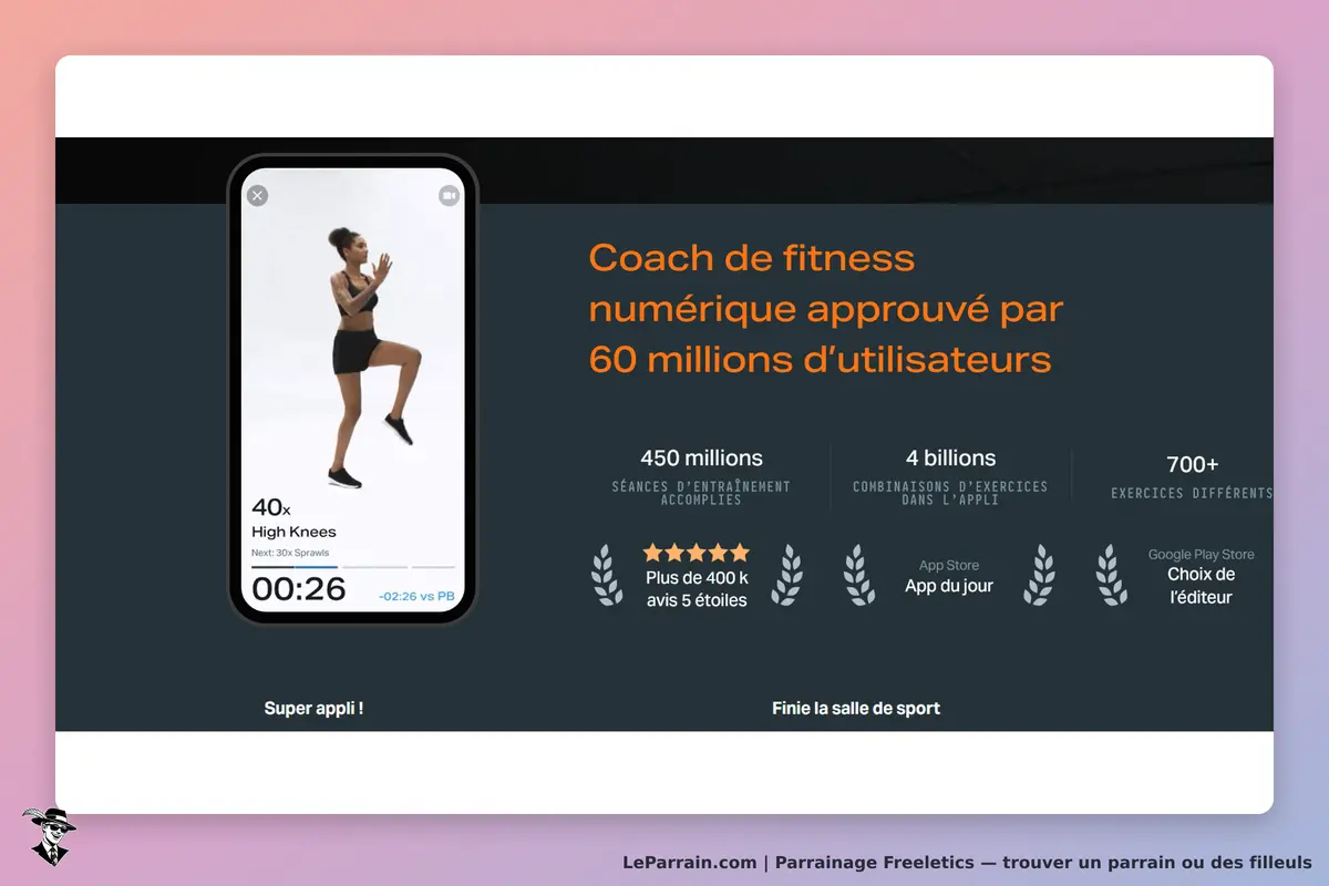 Freeletics : écran présentant un coach de fitness numérique et des statistiques d'utilisation