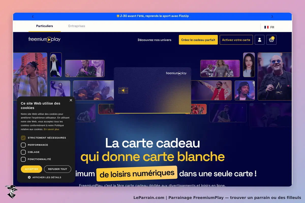 Page d'accueil FreemiumPlay avec carte cadeau et promotions de loisirs numériques.