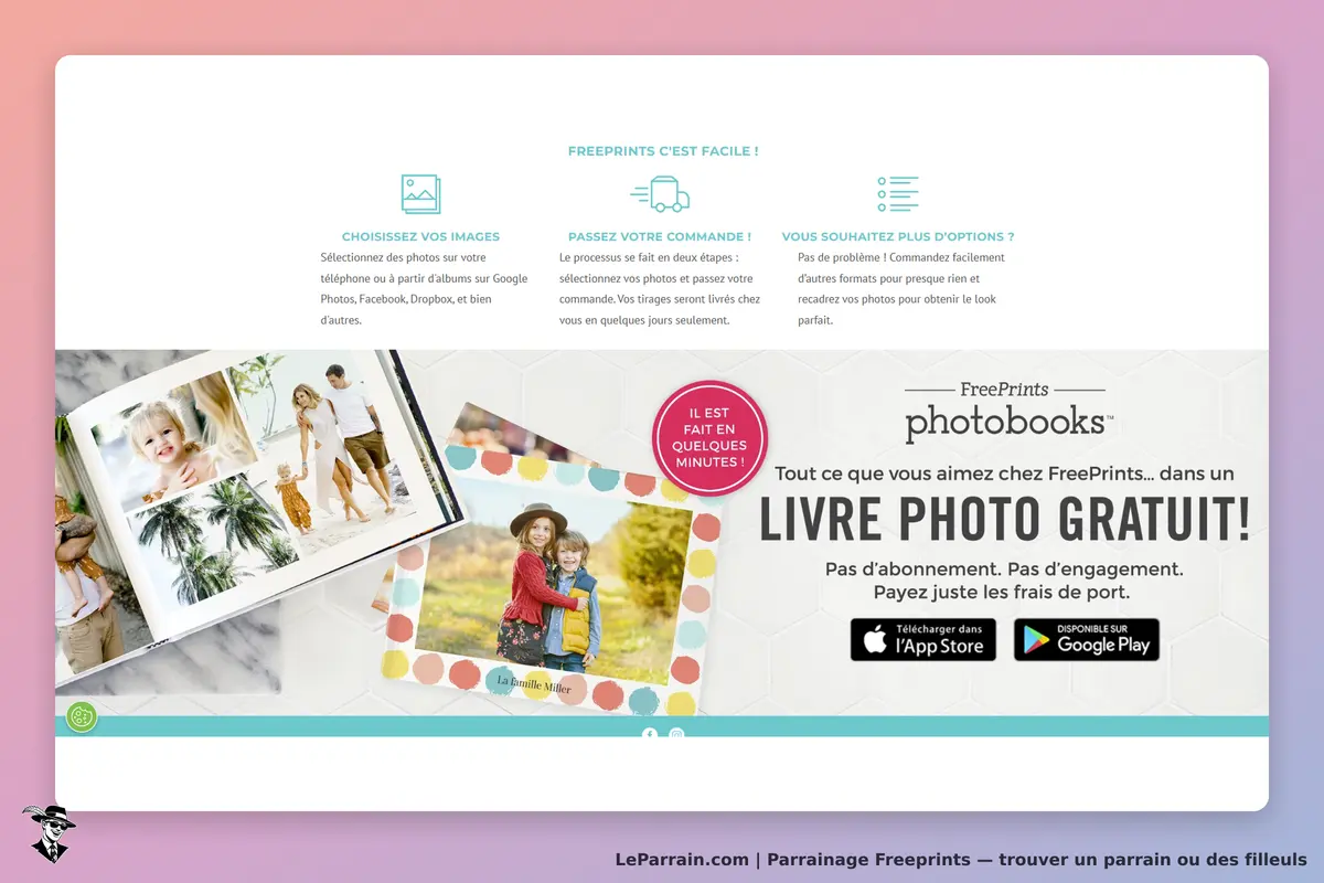 Freeprints : page d'accueil présentant des livres photo et étapes de commande