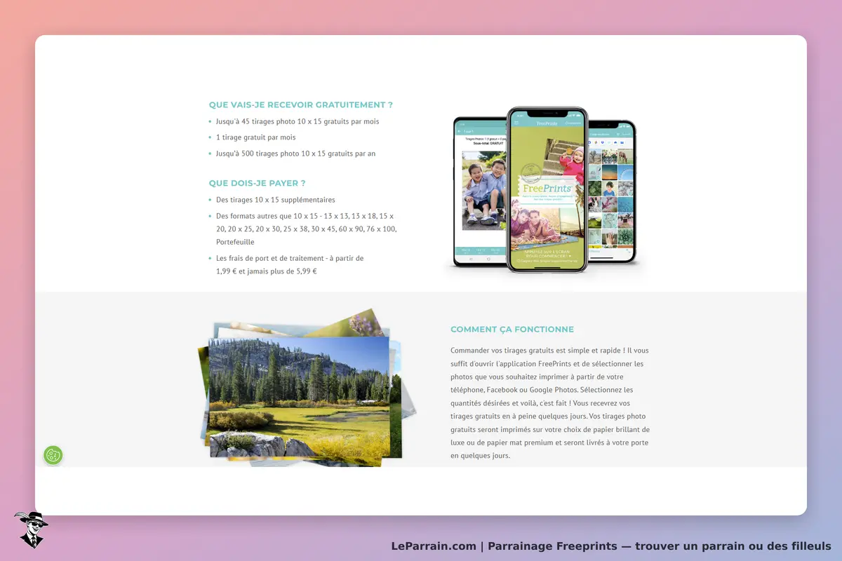 Freeprints : page d'accueil présentant des tirages photo gratuits et des applications mobiles
