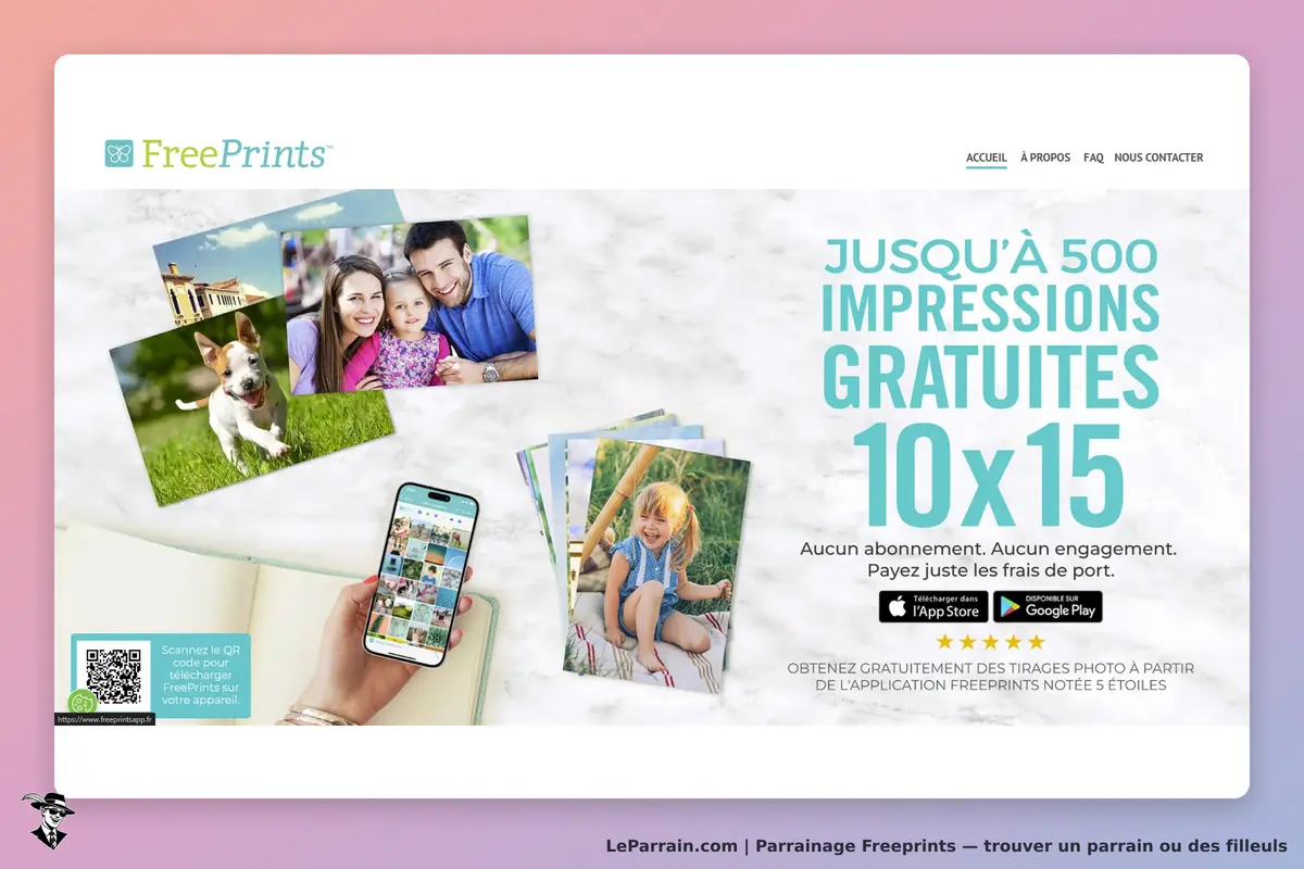 FreePrints : page d'accueil présentant des photos imprimées et une application mobile