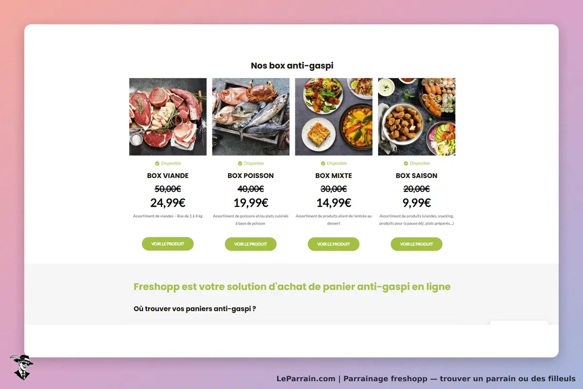 freshopp : présentation de différentes box anti-gaspillage avec images et descriptions