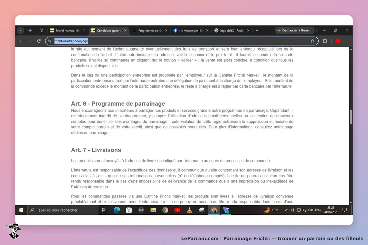 Frichti : texte des conditions générales sur le programme de parrainage et les livraisons
