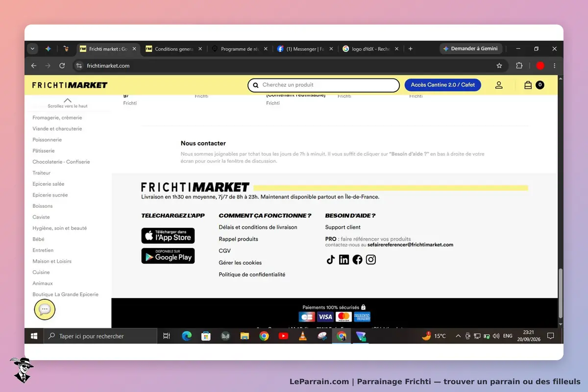Frichti : page d'accueil du site avec catégories de produits et options de contact