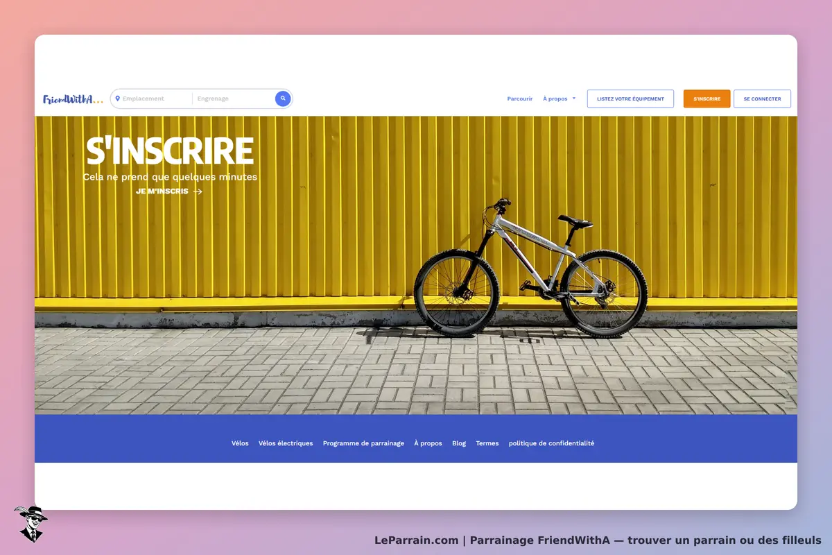 FriendWithA : page d'accueil avec un vélo et un fond jaune, invitation à s'inscrire