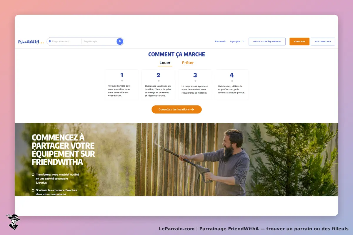 FriendWithA : page d'accueil montrant le processus de location d'équipement avec un homme utilisant