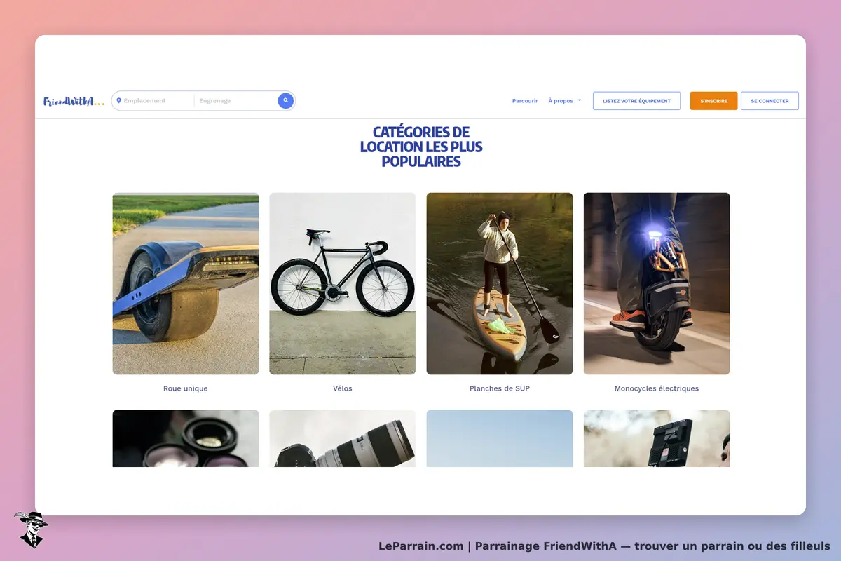 FriendWithA : catégories de location populaires avec images de divers équipements