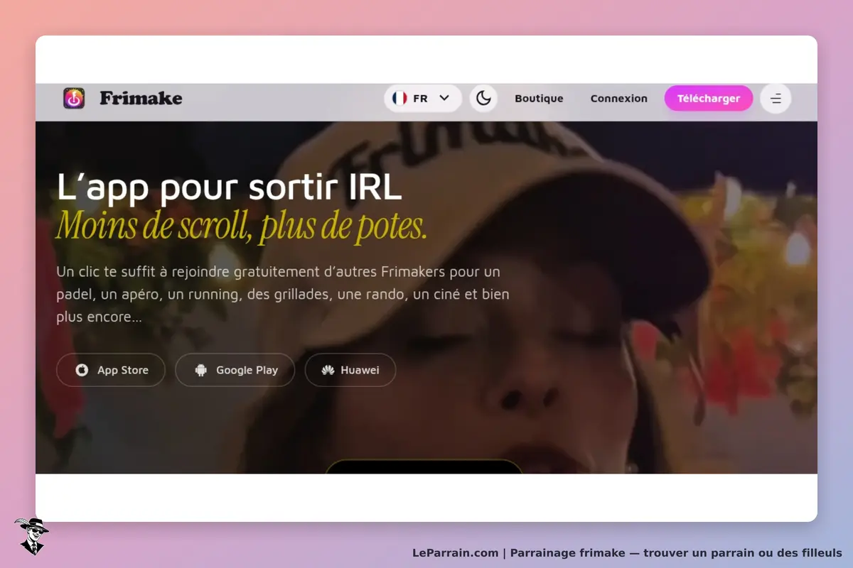 Frimake : page d'accueil présentant l'application pour sortir avec des amis et des options de