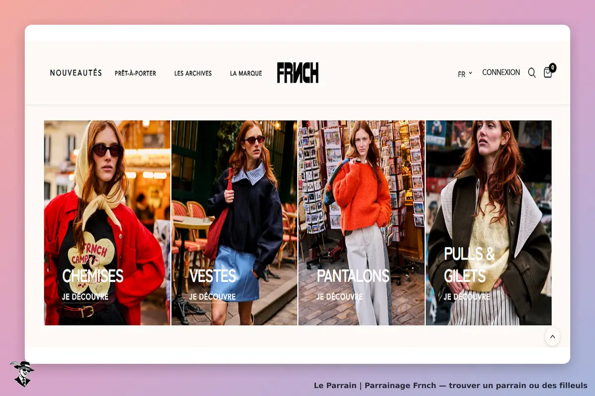 Frnch : page d'accueil présentant des vêtements pour femmes avec quatre catégories distinctes