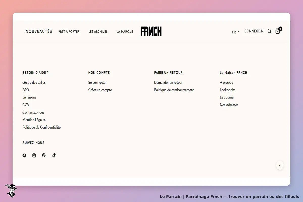 Frnch : menu de navigation avec sections d'aide, compte et informations sur la marque