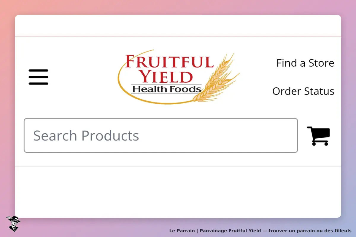 Fruitful Yield : logo, barre de recherche et liens vers magasin et statut de commande