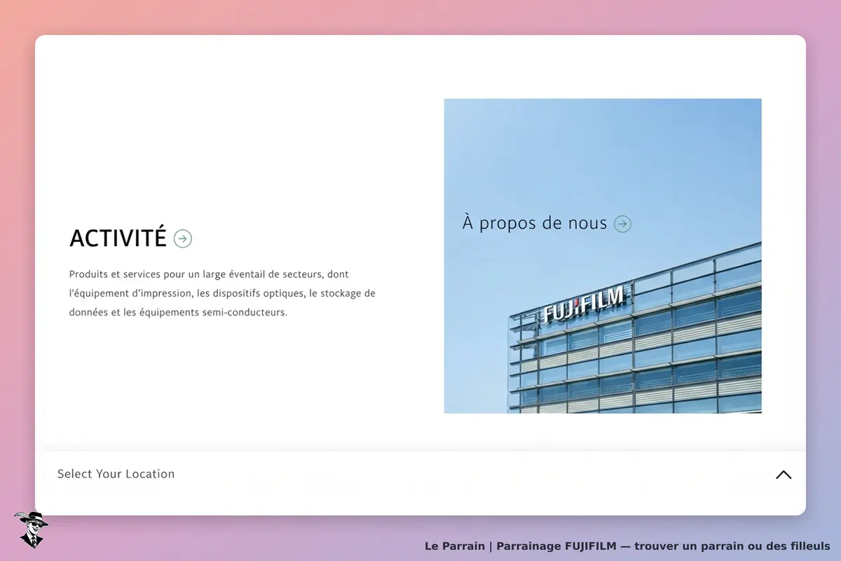 FUJIFILM : page d'accueil présentant des activités et un bâtiment avec le logo FUJIFILM