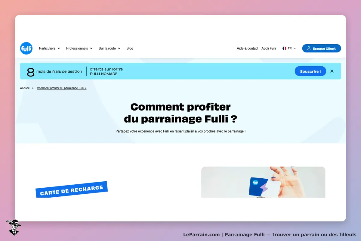 Fulli : page d'accueil présentant le parrainage et une carte de recharge en bas à gauche