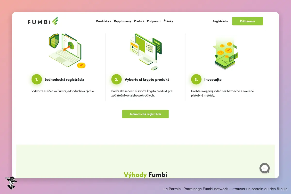 Fumbi : étapes de création d’un compte, de choix d’un produit crypto et de dépôt initial.