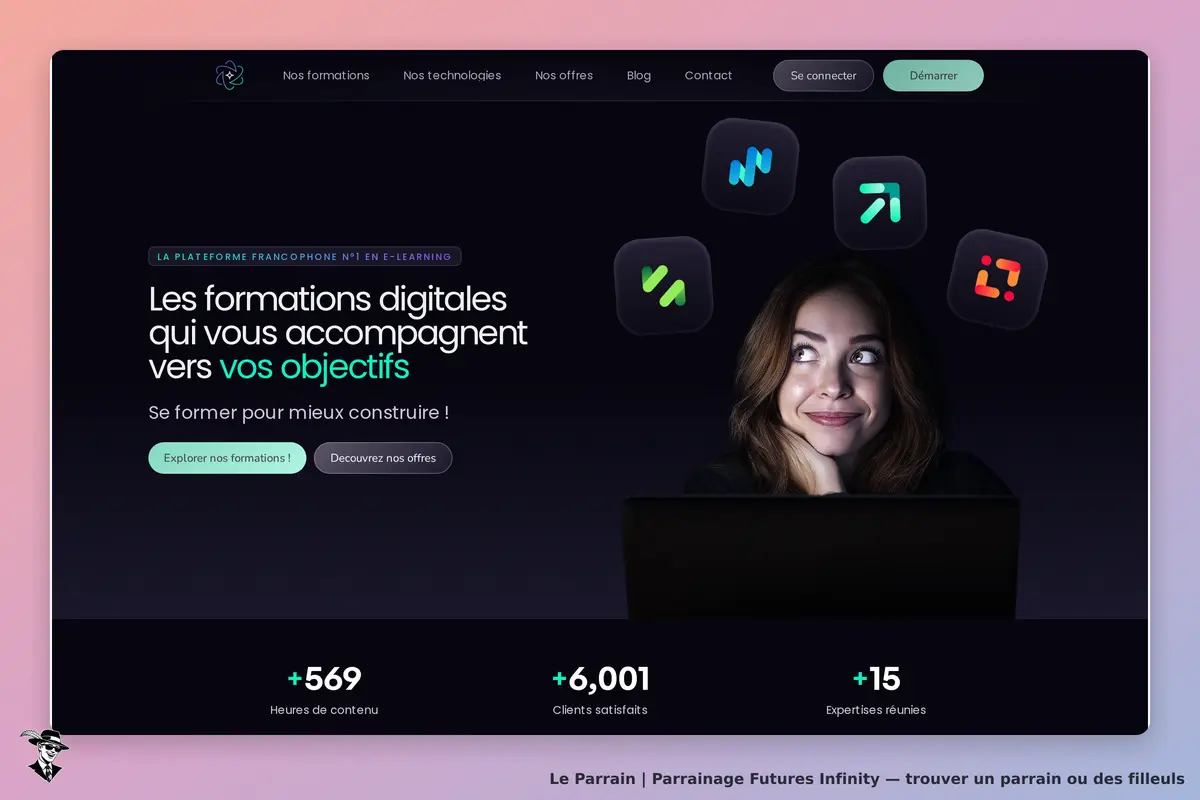 Futures Infinity : page d'accueil avec une femme souriante et des icônes de formations digitales