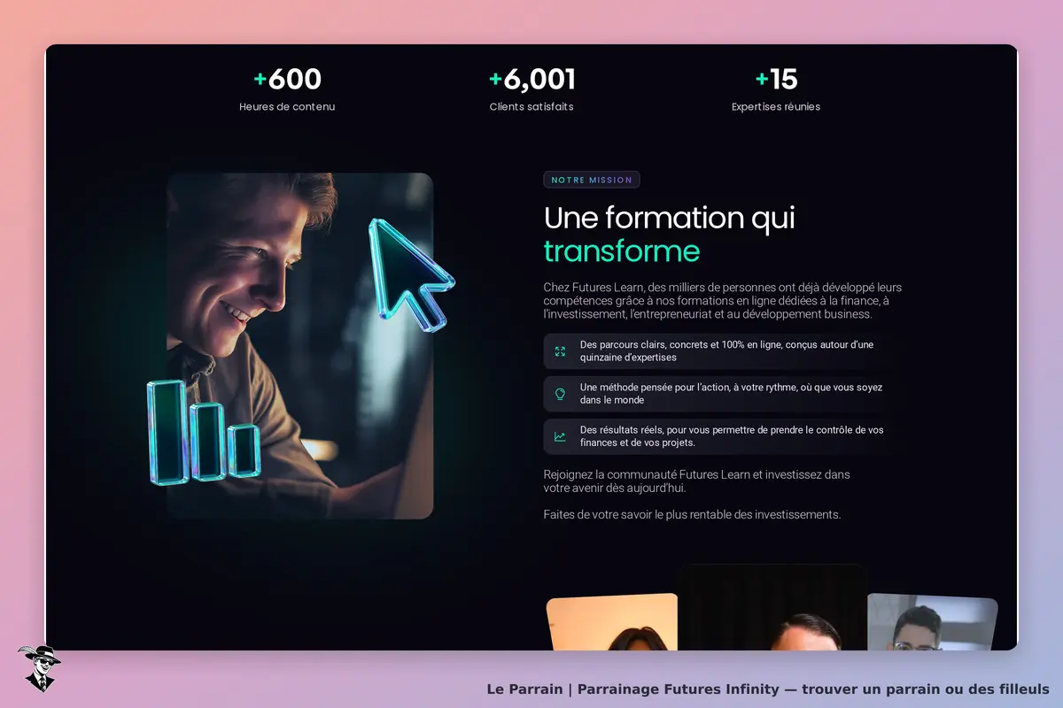 Futures Infinity : page d'accueil présentant une formation et des statistiques de satisfaction