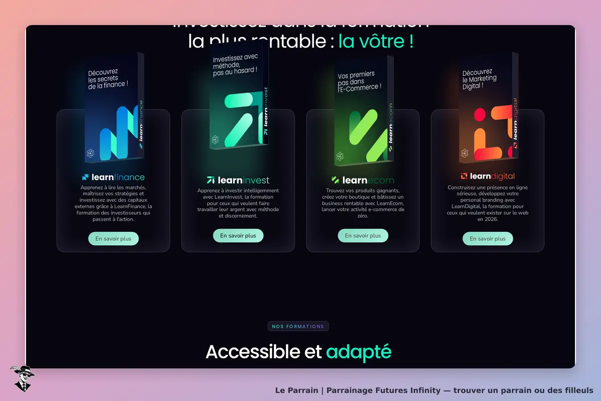 Futures Infinity : page d'accueil présentant des formations sur la finance, l'investissement et le