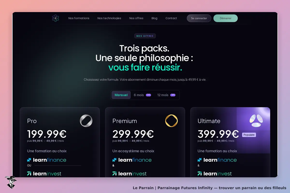 Futures Infinity : page d'accueil présentant trois packs de formation avec descriptions