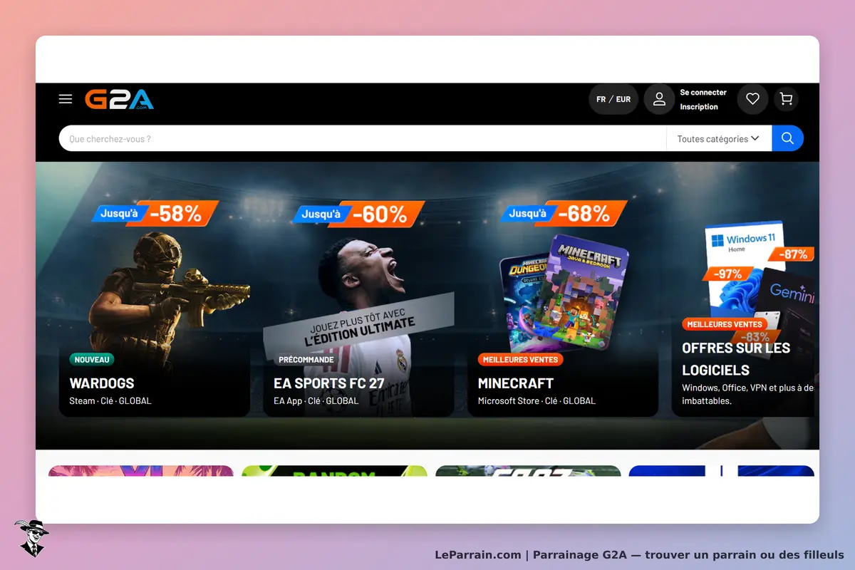 G2A : page d'accueil avec jeux vidéo et logiciels en promotion, barre de recherche en haut