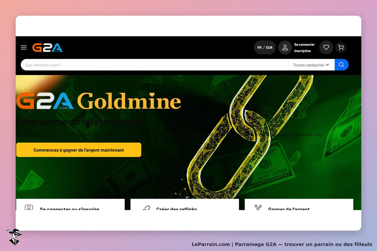 G2A : page d'accueil avec le programme de parrainage Goldmine et un bouton d'inscription