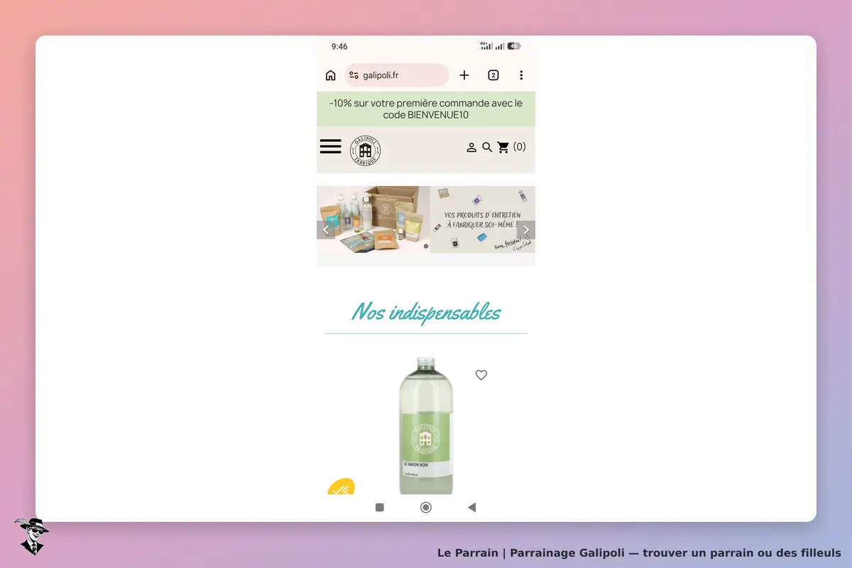 Galipoli : page d'accueil avec produits d'entretien et un flacon affiché en dessous