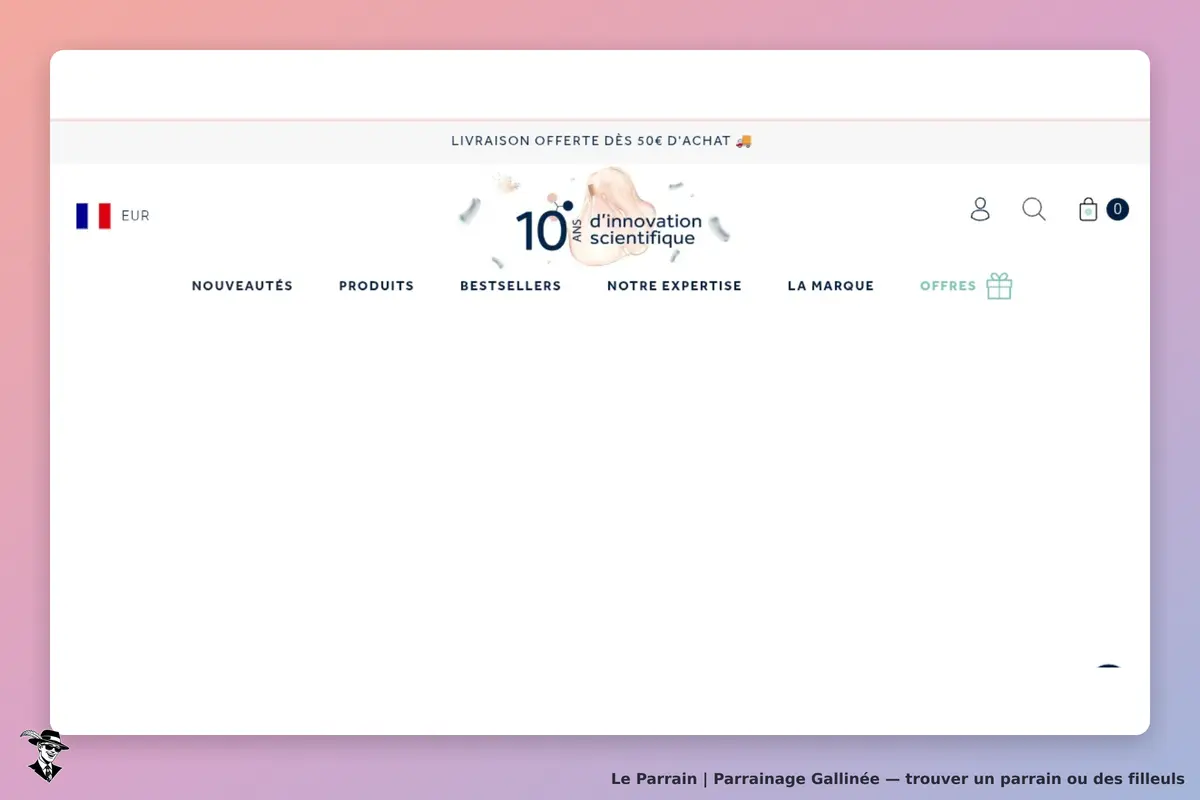 Gallinée : page d'accueil avec navigation et mention des 10 ans d'innovation scientifique
