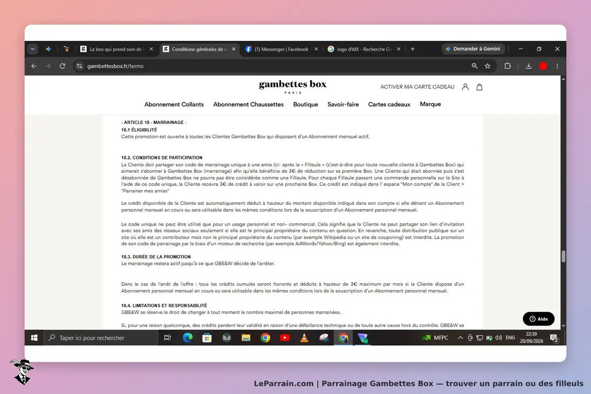 Gambettes Box : conditions générales de participation au programme de parrainage affichées
