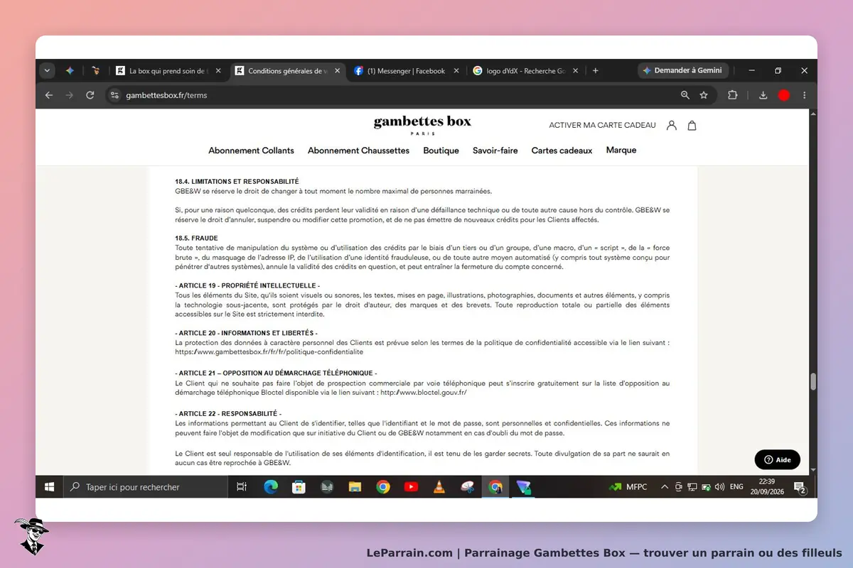 Gambettes Box : conditions générales de vente affichées sur la page d'accueil du site