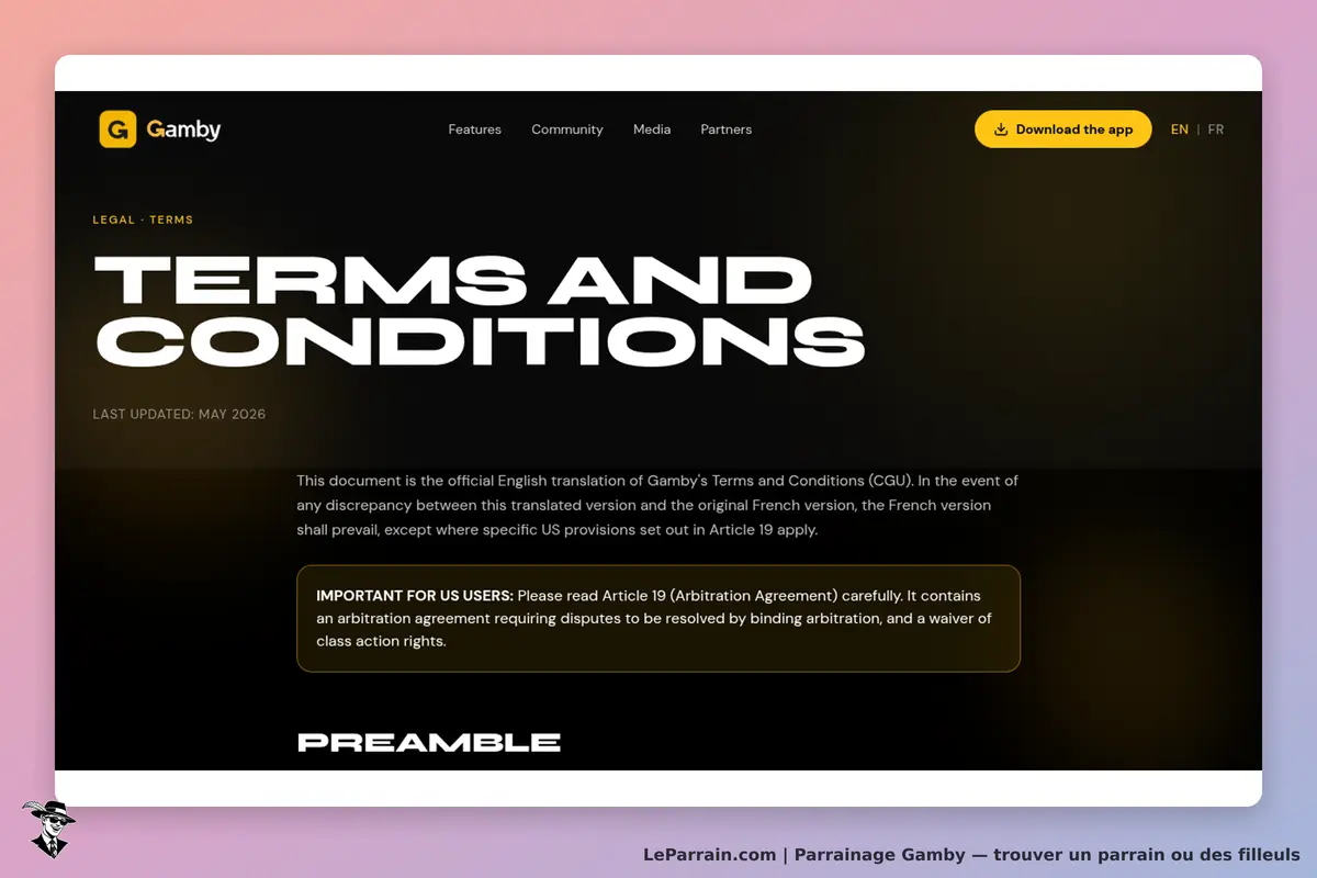 Gamby : page des conditions générales avec titre et texte explicatif en anglais