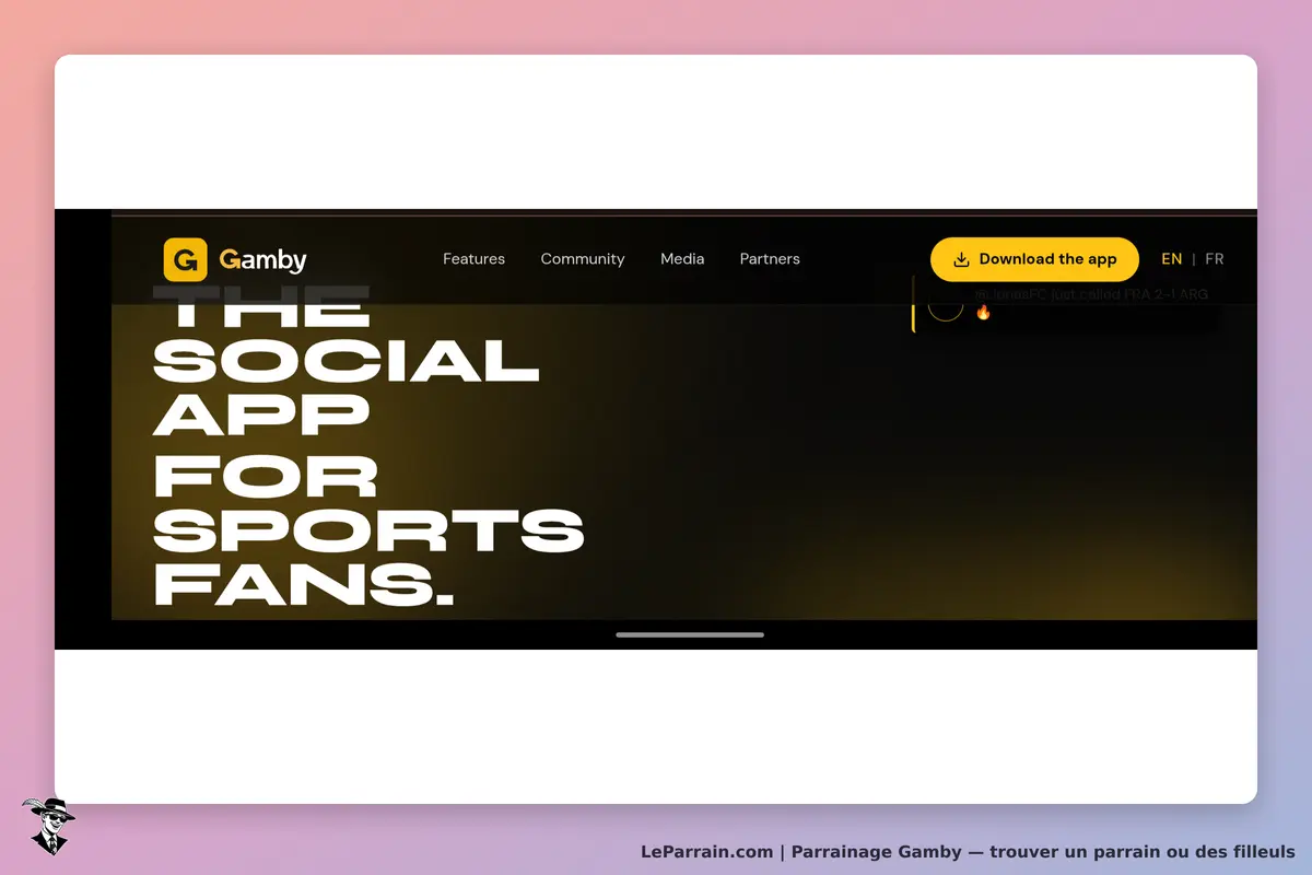 Gamby : page d'accueil avec le slogan "THE SOCIAL APP FOR SPORTS FANS" et bouton de téléchargement