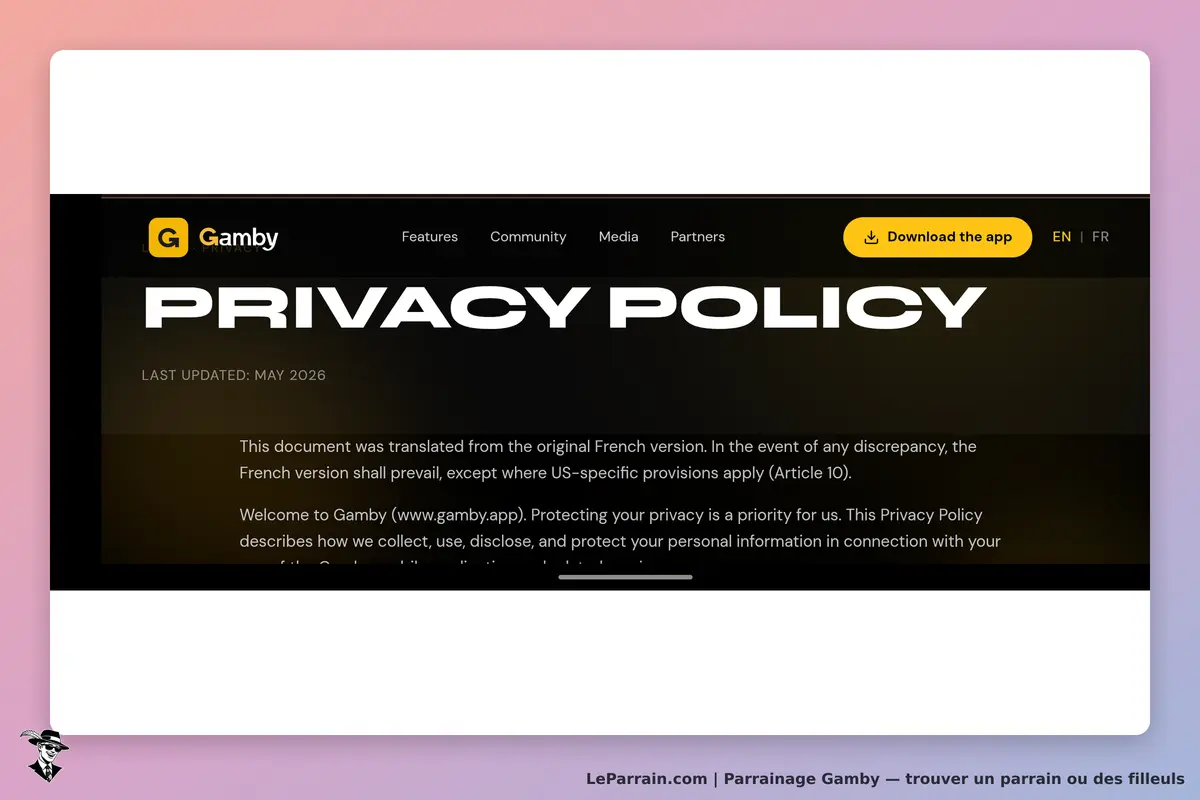 Gamby : écran de politique de confidentialité avec texte et bouton pour télécharger l'application