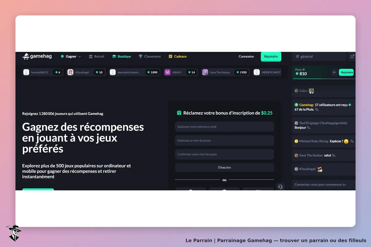 Gamehag : page d'accueil avec formulaire d'inscription et informations sur les jeux