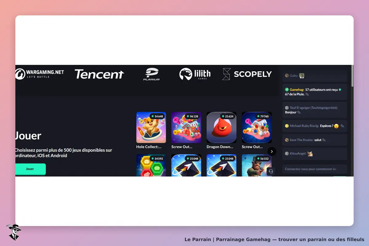 Gamehag : page d'accueil avec jeux disponibles et options de discussion en ligne