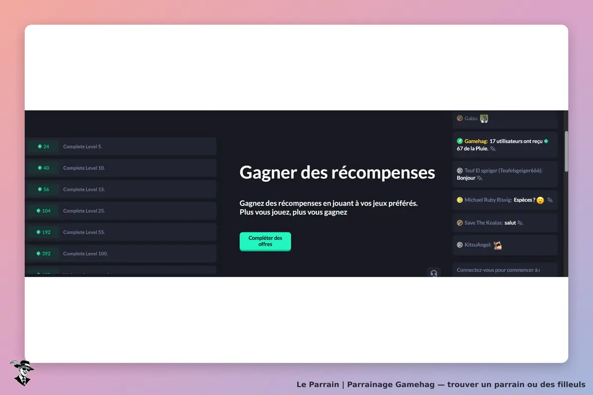 Gamehag : page d'accueil présentant les niveaux à compléter pour gagner des récompenses