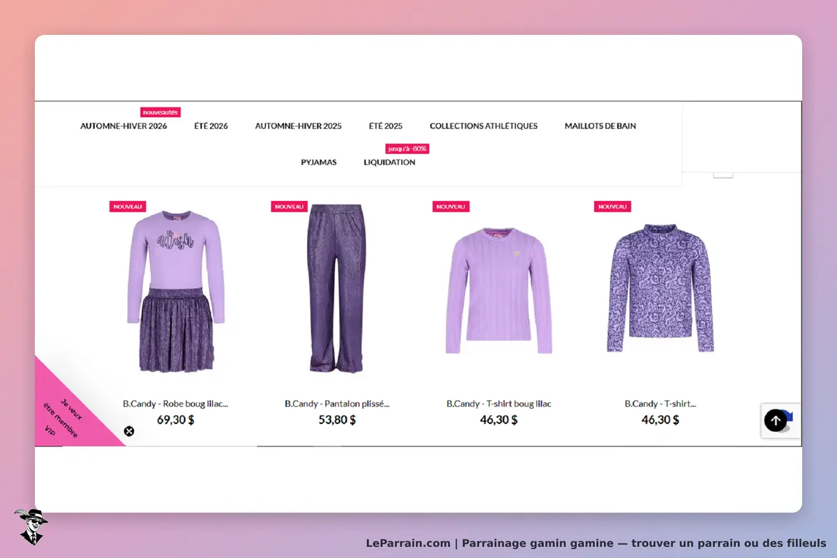 gamin gamine : page d'accueil avec vêtements violets et options de navigation en haut