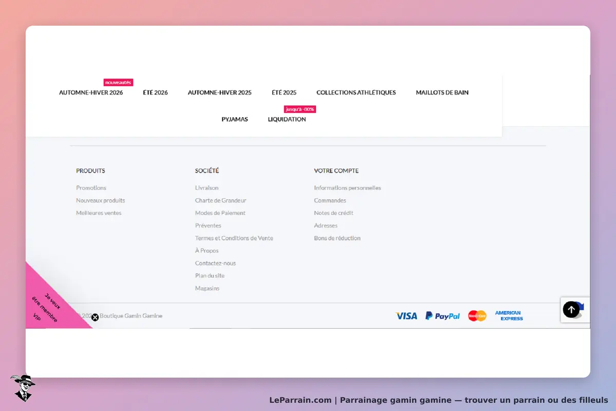 gamin gamine : menu de navigation et sections d'informations en bas de la page d'accueil