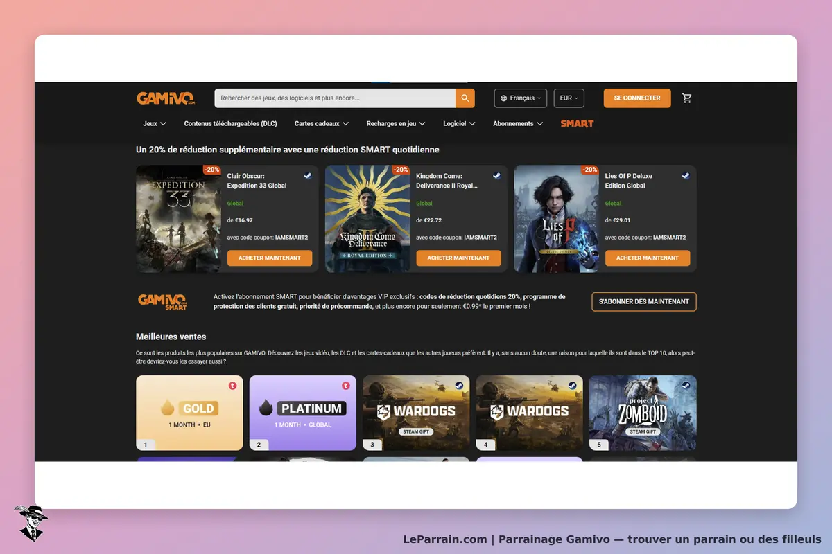 Gamivo : page d'accueil affichant des jeux avec réductions et options d'abonnement SMART