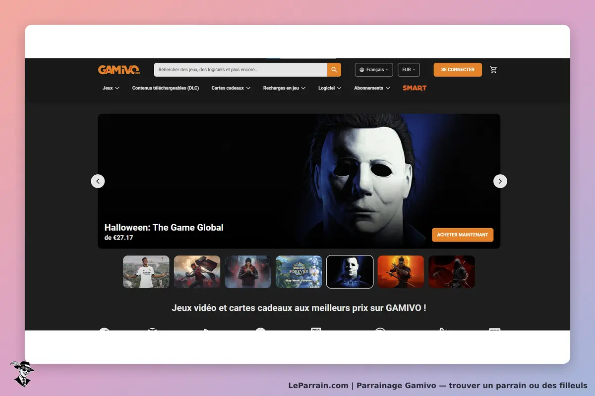 Gamivo : page d'accueil présentant le jeu "Halloween: The Game" et plusieurs autres jeux