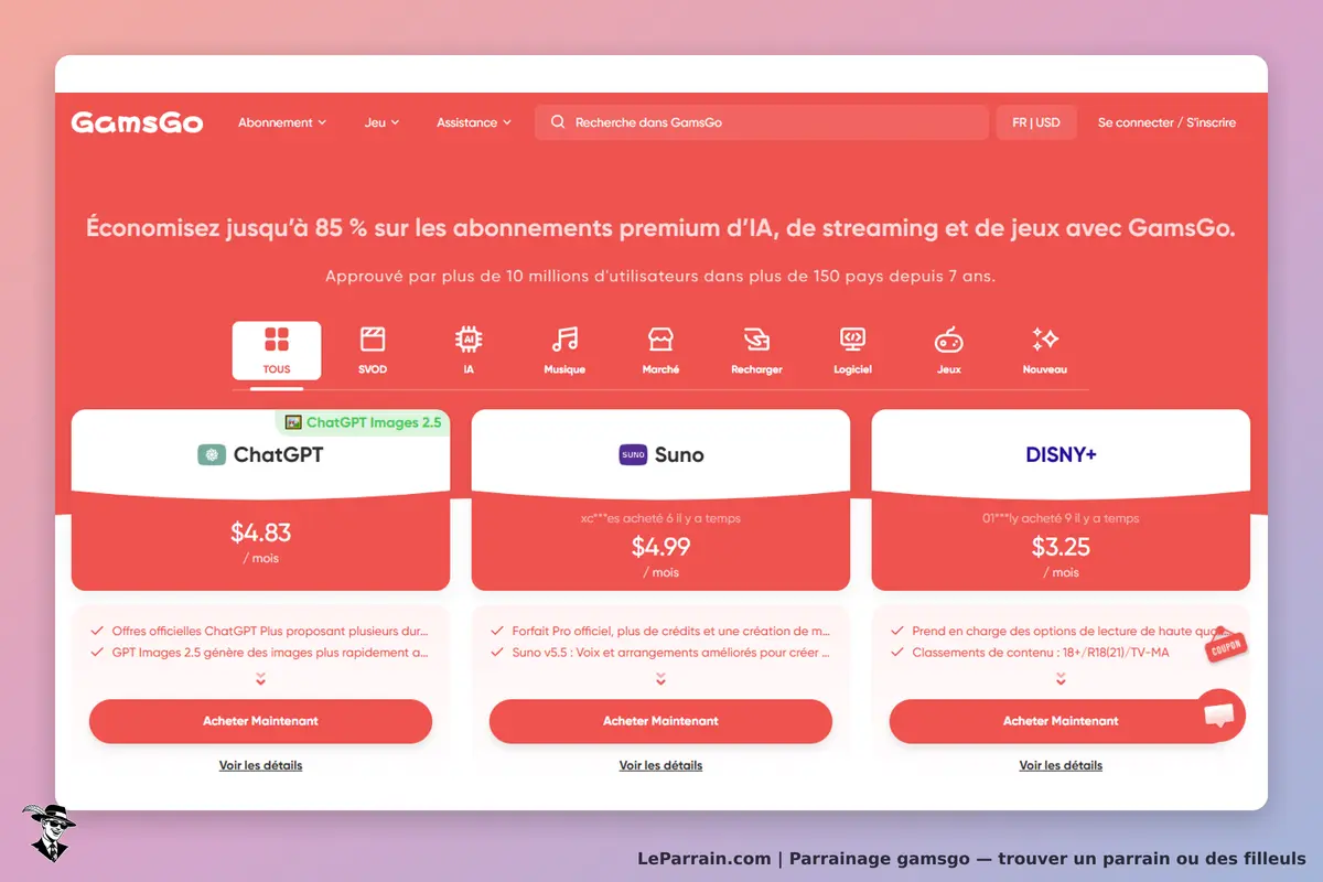 GamsGo : page d'accueil avec abonnements premium pour IA, streaming et jeux, trois produits