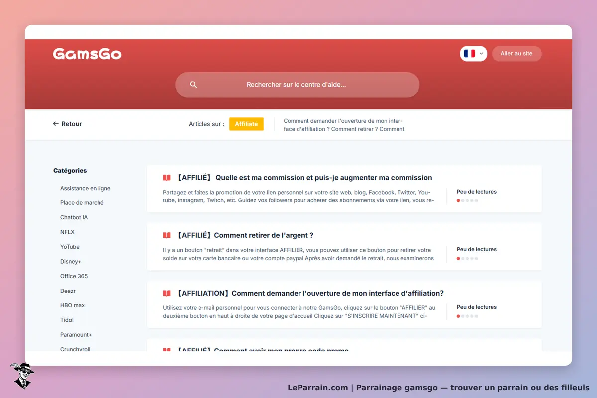 GamsGo : page d'accueil avec articles et catégories sur le programme d'affiliation