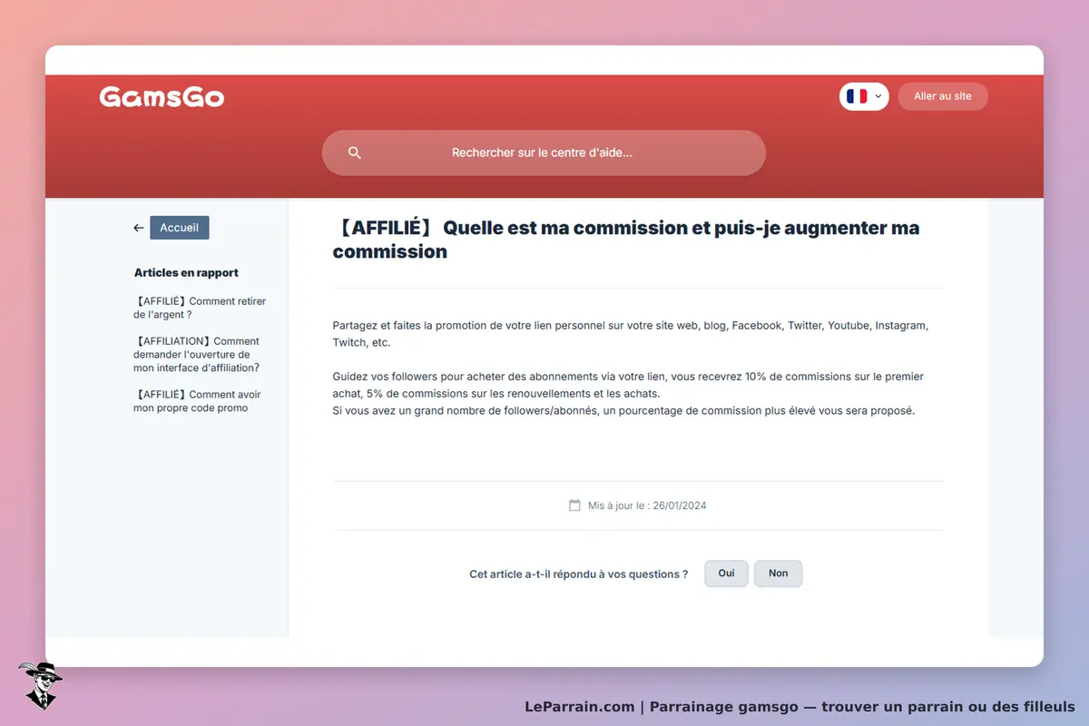 GamsGo : page d'accueil avec articles sur l'affiliation et la commission