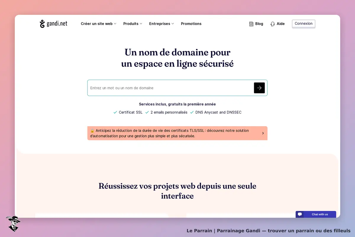 Gandi : page d'accueil avec un formulaire pour entrer un nom de domaine et des services inclus