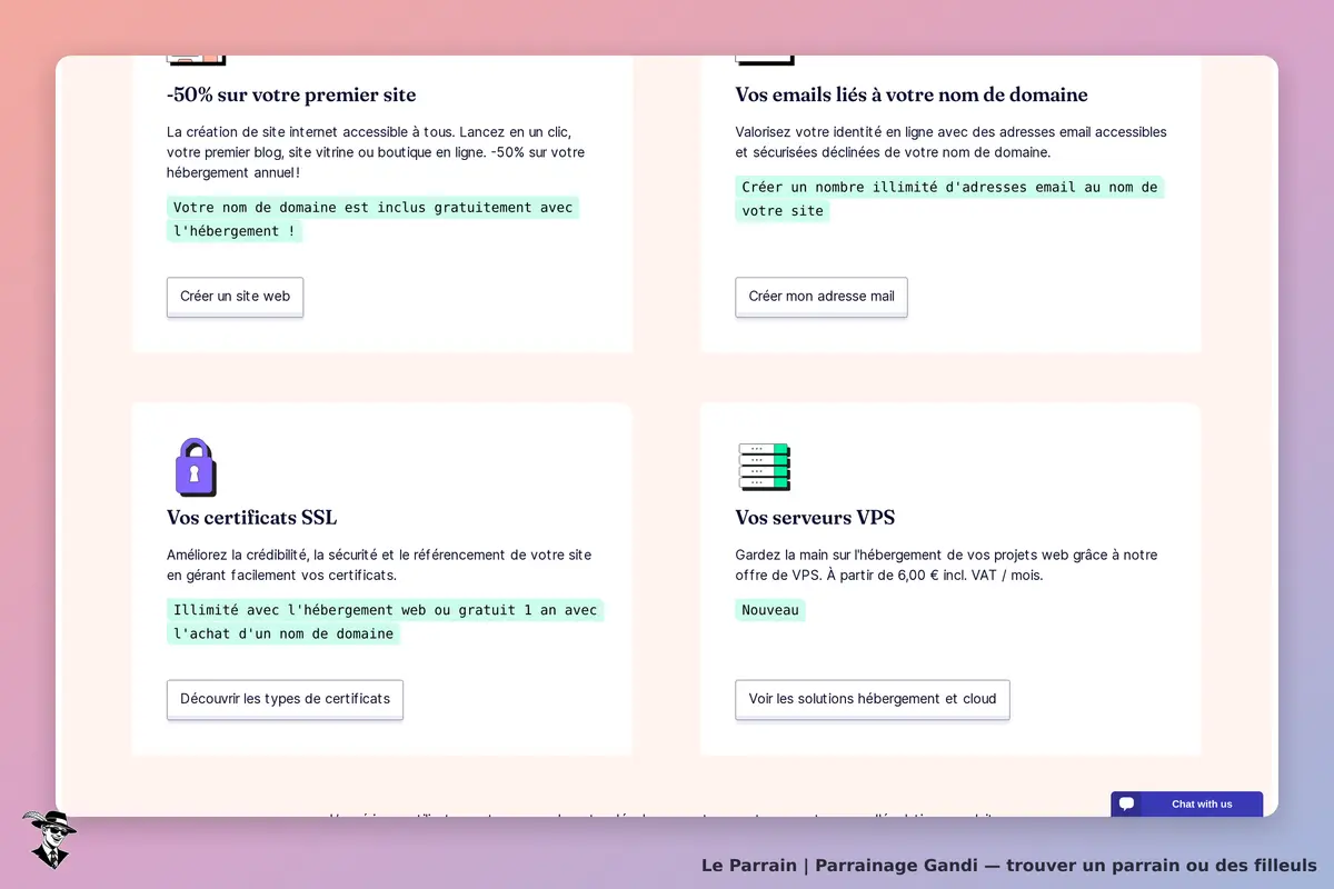Gandi : page d'accueil présentant des services d'hébergement et de certificats SSL