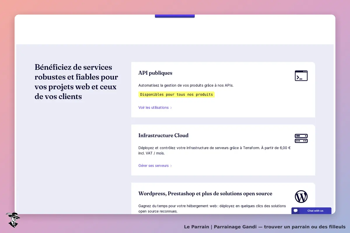 Gandi : page d'accueil présentant des services comme API publiques et Infrastructure Cloud