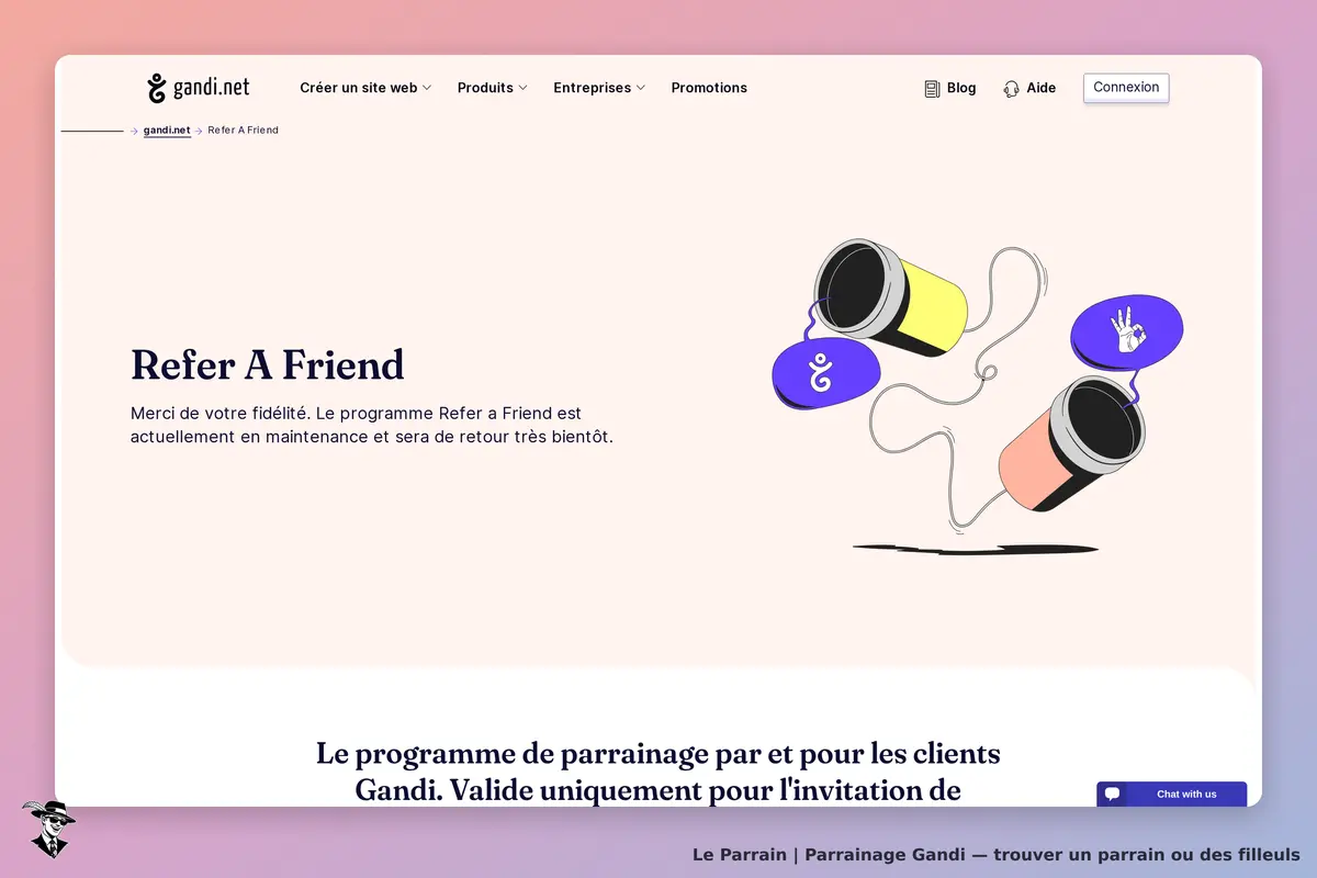 Gandi : page de présentation du programme Refer A Friend en maintenance, avec illustration colorée