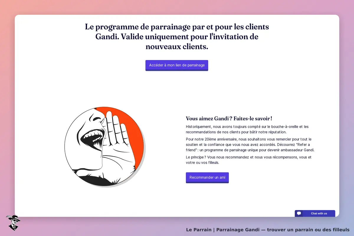 Gandi : page du programme de parrainage avec logo et options pour recommander un ami