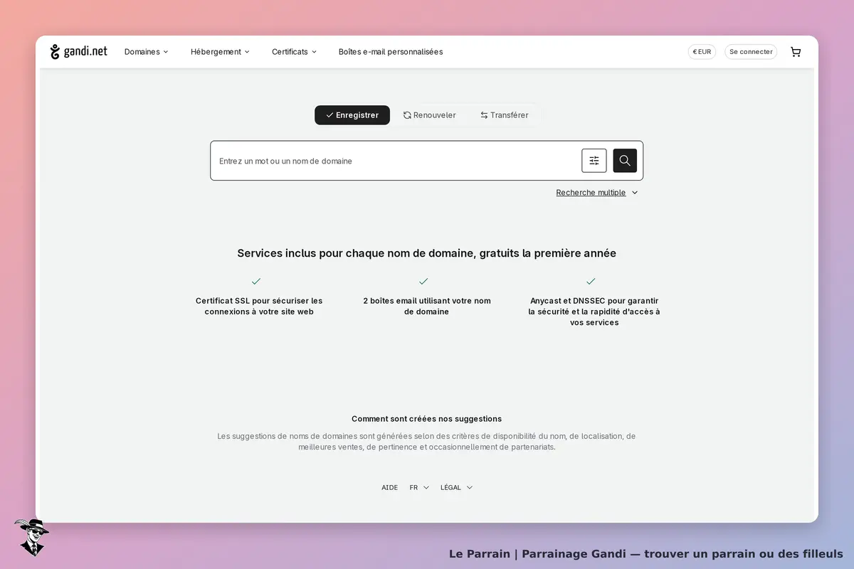 Gandi : page d'accueil avec formulaire de recherche de domaine et services inclus affichés