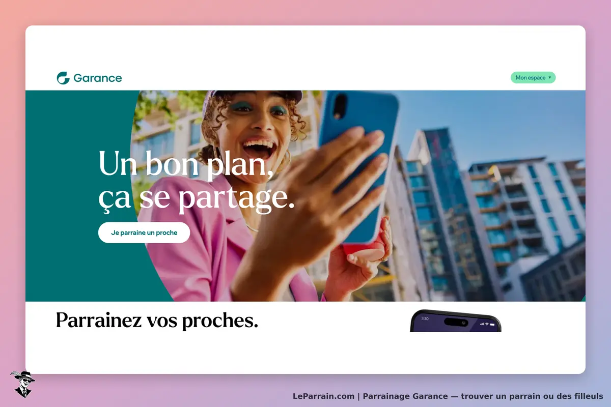 Garance : page d'accueil avec une femme souriante tenant un smartphone, texte encourageant le
